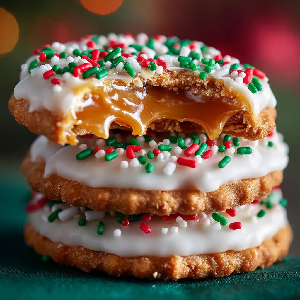 A macro shot of a stack of Caramel Ritz Cracker Christmas Cookies, coated in smooth white chocolate and festive red, green, and white nonpareil sprinkles.