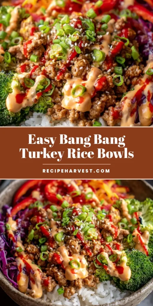 A close-up overhead shot of a rustic stoneware bowl filled with bang bang ground turkey, rice, and fresh vegetables.