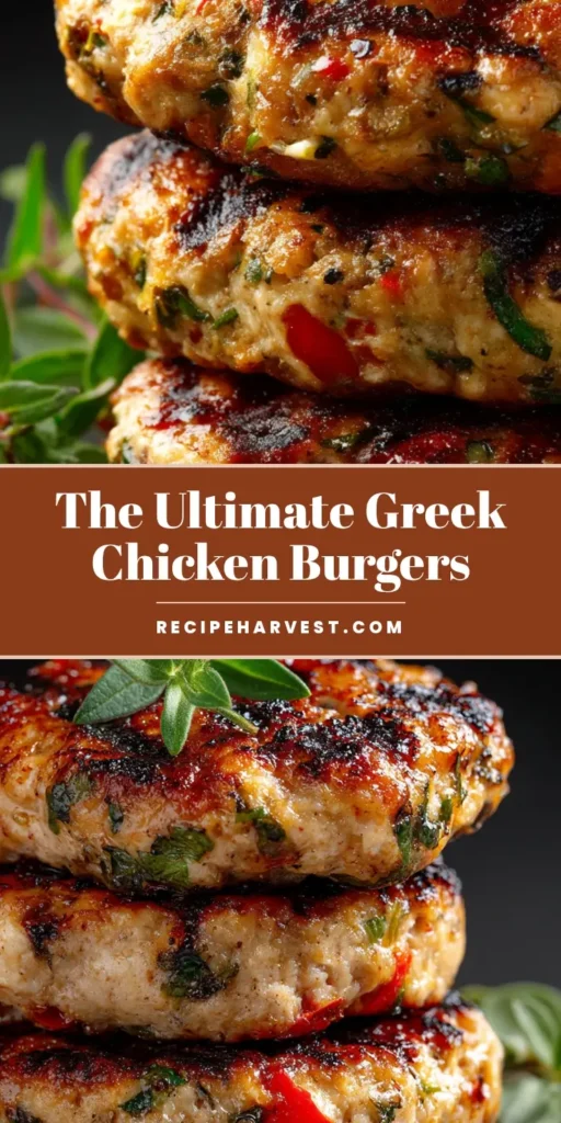 Ultimate Greek Chicken Burgers: Juicy, Charred & Full of Flavor 4 A stack of three juicy, perfectly grilled Greek Chicken Burgers on a dark slate surface, with visible herbs and a fresh oregano sprig on top.