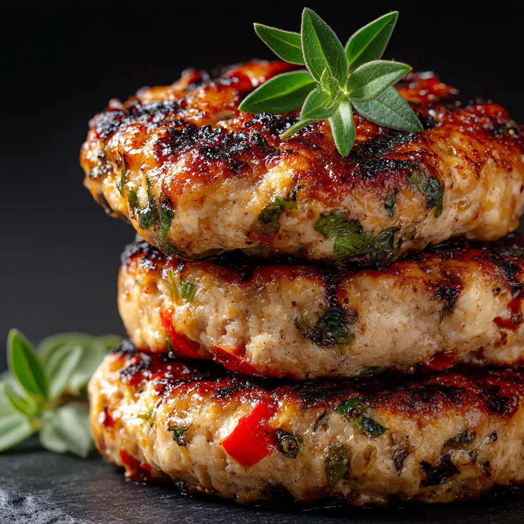 Ultimate Greek Chicken Burgers: Juicy, Charred & Full of Flavor 2 An extreme close-up shot showing the detailed food texture of three stacked Greek chicken burger patties, glistening with juices and showing perfect char marks. (Greek Chicken Burgers)