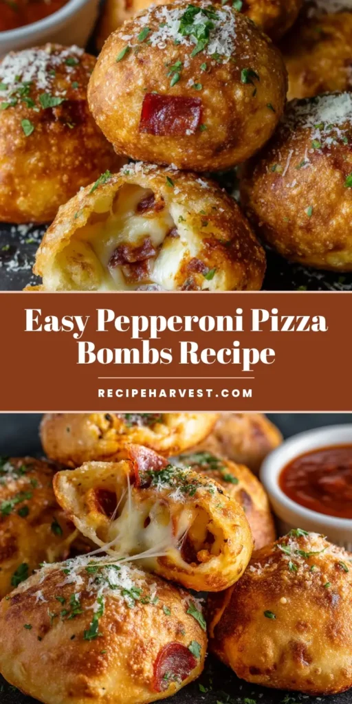 A close-up overhead view of several golden-brown Pepperoni Pizza Bombs on a dark slate plate, with one torn open revealing a gooey mozzarella cheese pull and bits of pepperoni inside.