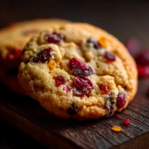 An extreme close up of a single golden brown orange cranberry cookie on a dark rustic board, highlighting its soft chewy texture and glistening orange zest. (Orange Cranberry Cookies Recipe)