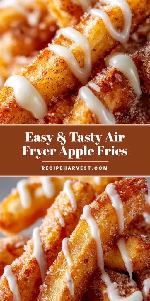 A heaping pile of crispy Air Fryer Apple Fries coated in cinnamon sugar and drizzled with a thick white icing. Perfect for a quick and easy dessert.