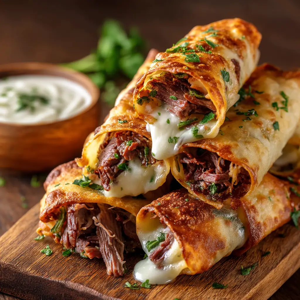 Crispy French Dip Tortilla Roll Ups on a rustic wooden board with a bowl of creamy horseradish dipping sauce in the background.