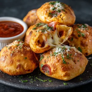 An appetizing overhead shot of a pile of golden-brown Pepperoni Pizza Bombs, garnished with Parmesan and parsley, with a bowl of marinara sauce nearby.