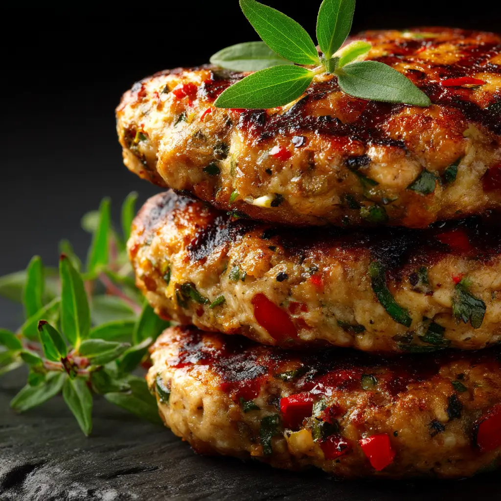 Ultimate Greek Chicken Burgers: Juicy, Charred & Full of Flavor 1 A macro lens shot of juicy grilled Greek chicken burger patties, highlighting the flecks of fresh green herbs and red bell pepper mixed into the ground chicken.