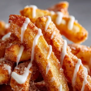 An extreme close-up of golden-brown Air Fryer Apple Fries, showing the detailed texture of the sparkling cinnamon sugar crystals and a thick icing drizzle.