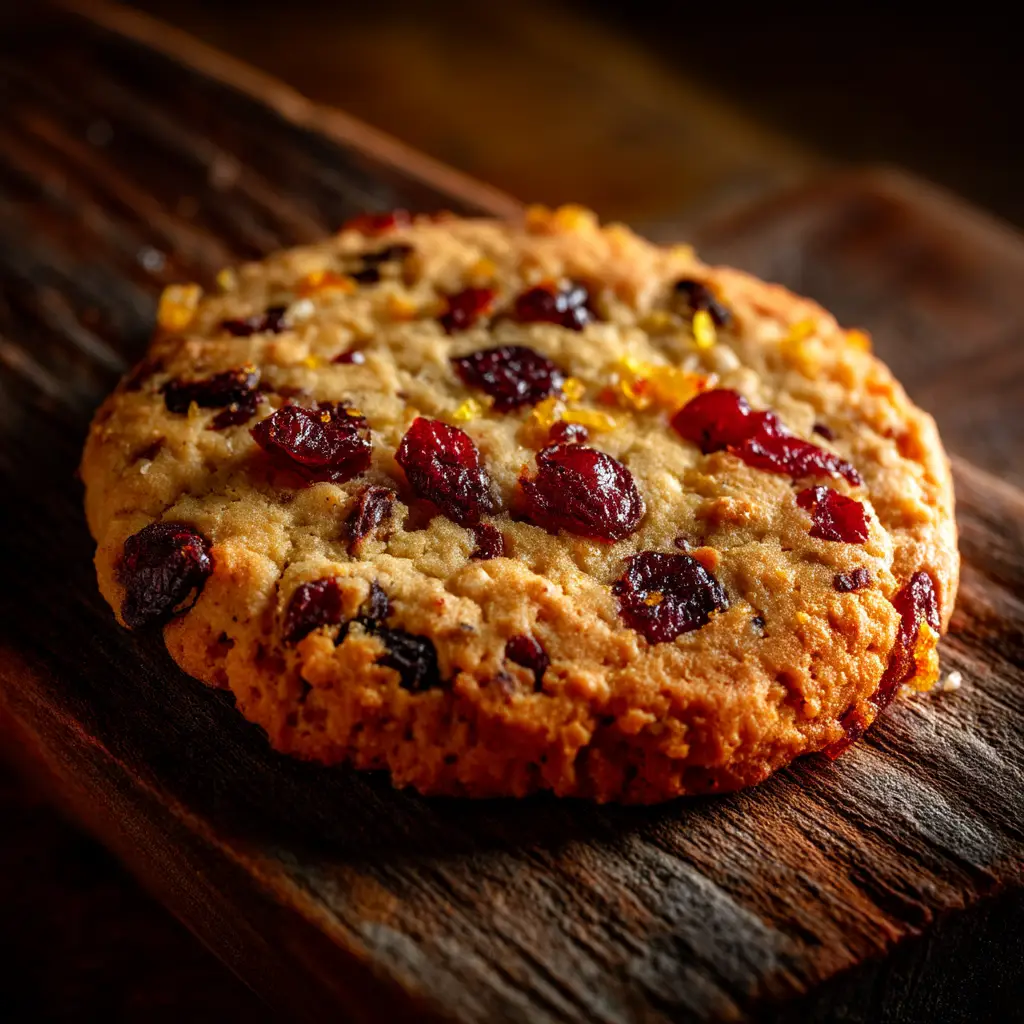 Dramatic side lighting on a chewy orange cranberry cookie, showing the vibrant red dried cranberries studded throughout.
