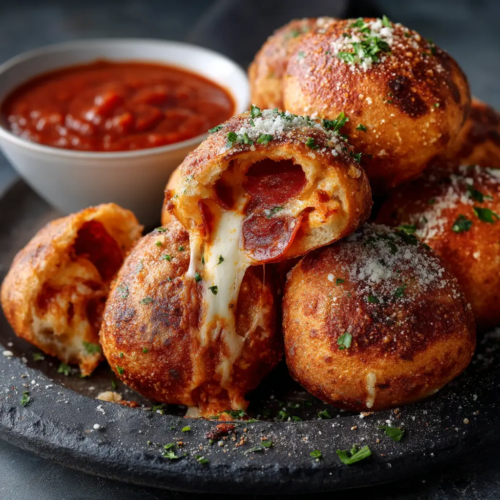 A macro shot focusing on a single Pepperoni Pizza Bomb torn open, highlighting the incredible, gooey mozzarella cheese pull and pepperoni filling.
