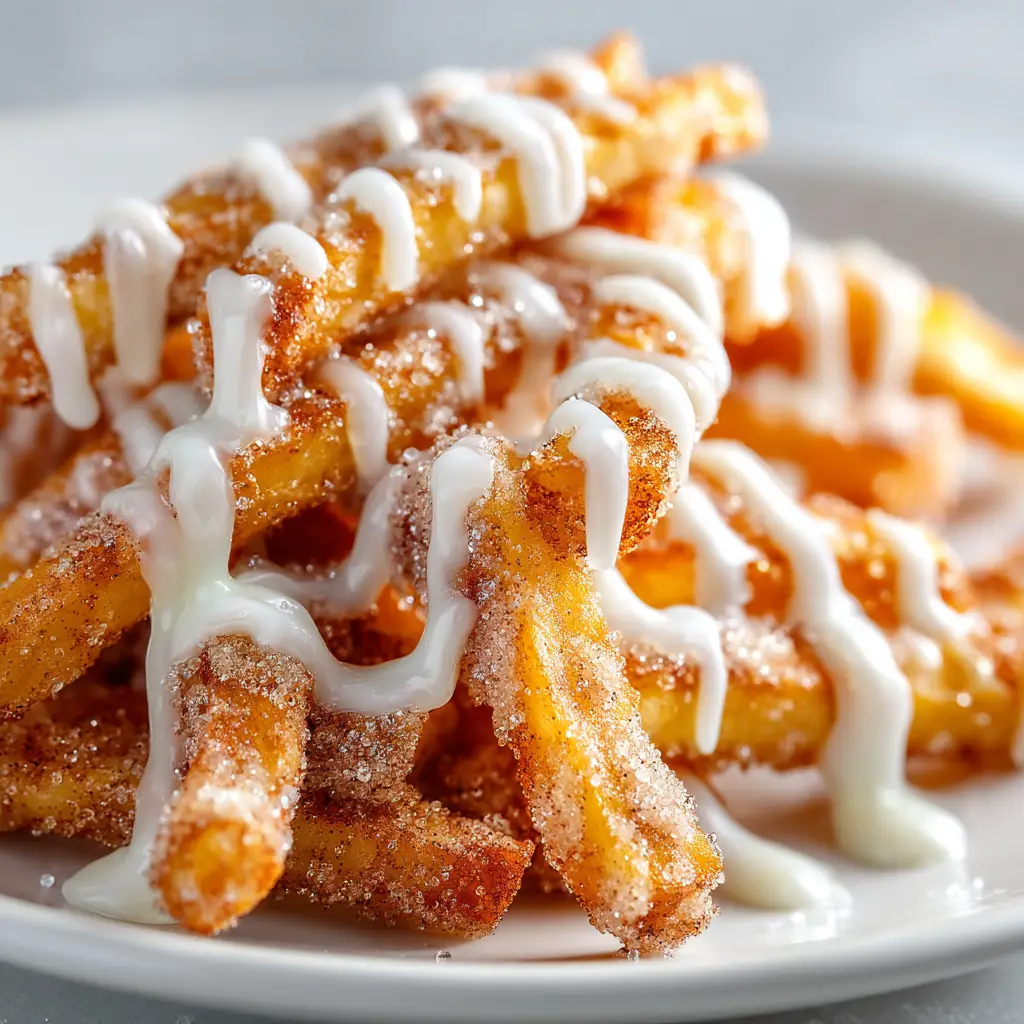 A delicious pile of homemade Air Fryer Apple Fries, generously drizzled with a sweet white icing glaze, ready to be served.