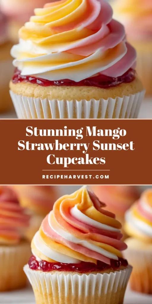 A beautiful Mango Strawberry Sunset Cupcake in a white paper liner, topped with a high swirl of glossy buttercream that blends from white to yellow-orange to pink. It sits on a light gray wooden surface with other cupcakes blurred in the background.