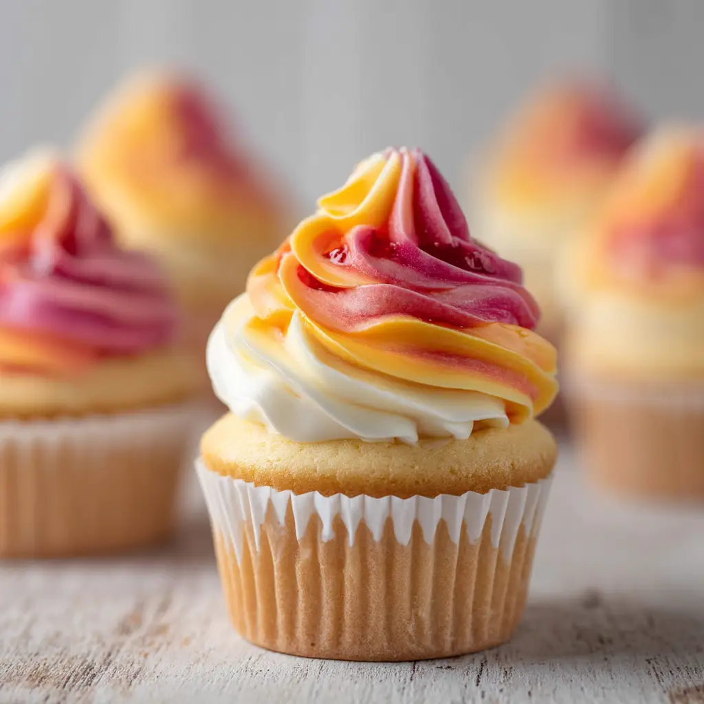 A collection of Mango Strawberry Sunset Cupcakes arranged on a light gray wooden board, with one in focus and the others softly blurred in the background to create a shallow depth of field.