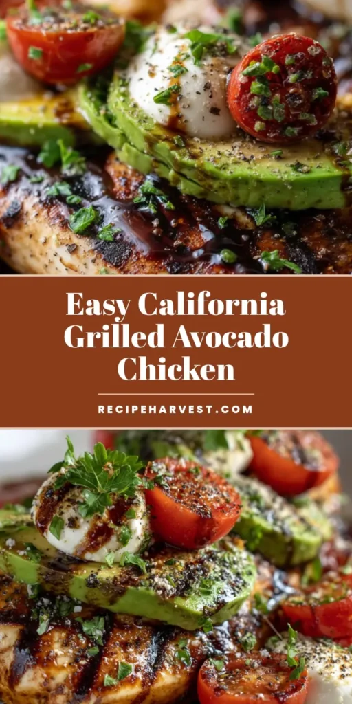 An overhead shot of Grilled California Avocado Chicken on a white plate, showing charred chicken topped with grilled avocado, blistered tomatoes, mozzarella, and a balsamic drizzle.