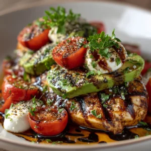 An extreme close-up of a perfectly grilled chicken breast, featuring prominent dark char marks, topped with thick slices of grilled avocado and halved blistered cherry tomatoes. (Grilled California Avocado Chicken)