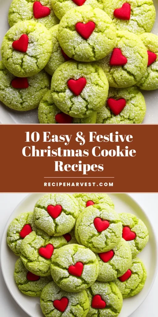 A top-down view of vibrant lime green Grinch crinkle cookies piled on a white plate, each with a red heart candy. (Easy Christmas cookie recipes)