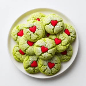 A close-up shot of a dozen Grinch crinkle cookies neatly arranged on a white ceramic plate, showcasing their bright green color and powdered sugar coating. (Easy Christmas cookie recipes)
