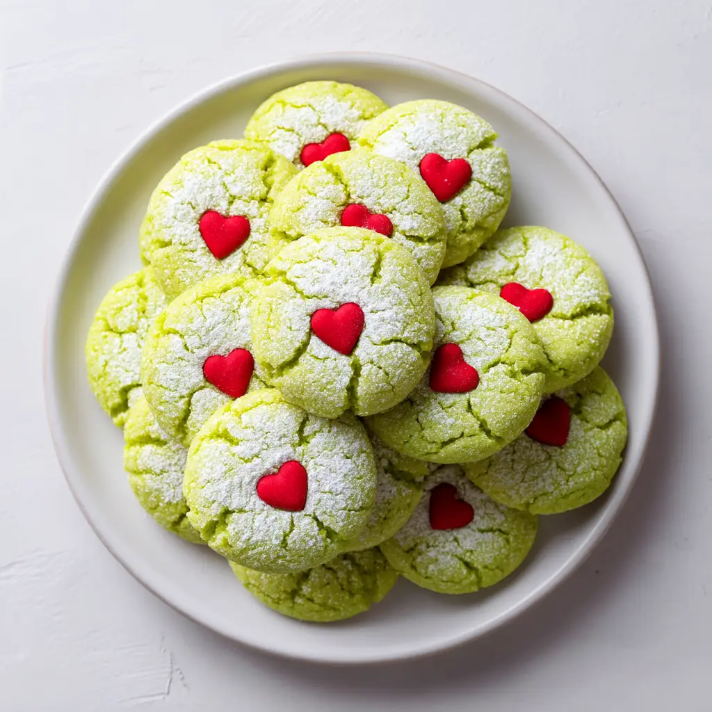 A sharp, detailed overhead view of Grinch crinkle cookies, each topped with a small red heart, highlighting the festive aesthetic.