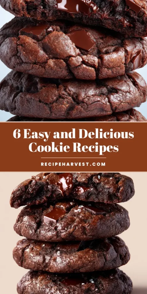 A delectable stack of double chocolate chip cookies with cracked tops, perfect for Pinterest boards focused on easy cookie recipes.