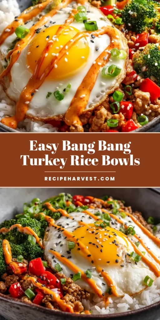 30-Minute Bang Bang Ground Turkey Rice Bowls 4 A rustic grey ceramic bowl filled with Bang Bang Ground Turkey Rice Bowls, topped with a runny sunny-side-up egg, drizzled with creamy orange sauce, and garnished with scallions and sesame seeds, on a dark surface.