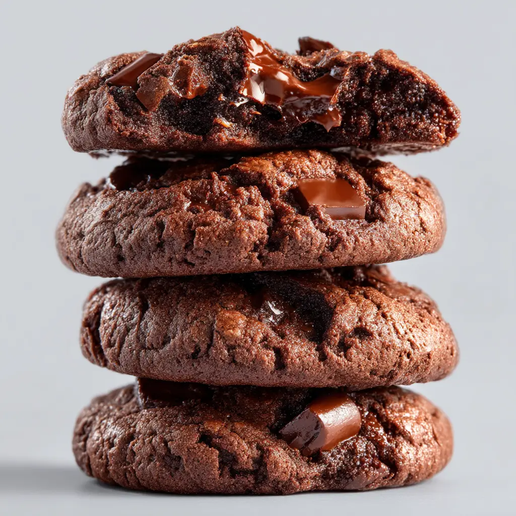 A macro shot highlighting the glistening, cracked texture of a double chocolate chip cookie against a clean, off-white background.