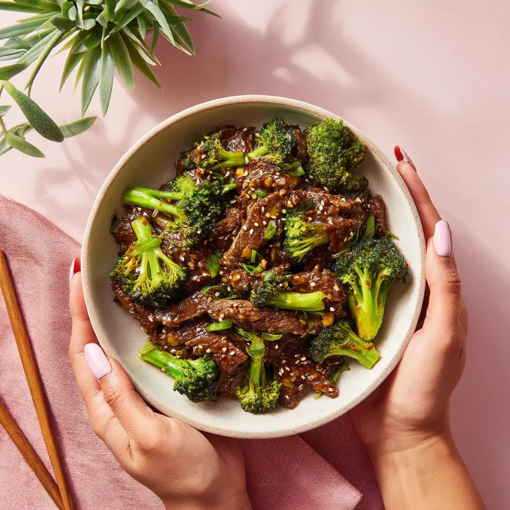 Woman's hands presenting a shallow ceramic bowl of a photorealistic Beef and Broccoli Recipe with visible sesame seeds and minced garlic.