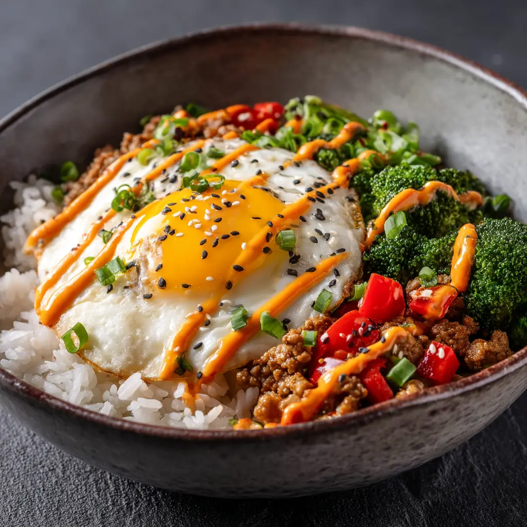 30-Minute Bang Bang Ground Turkey Rice Bowls 1 An overhead view of the assembled Bang Bang Ground Turkey Rice Bowl before serving, with all garnishes perfectly placed.
