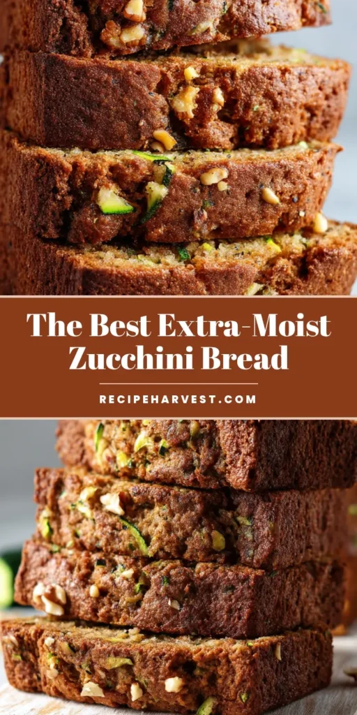 An overhead pin image showing thick slices of moist zucchini bread on a wooden board, highlighting the rich brown crust and fluffy texture. (Zucchini Bread Recipe)