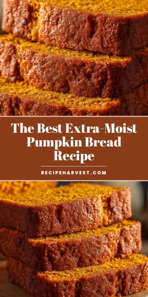 A pin-ready image showing three thick slices of moist pumpkin bread stacked on a rustic wooden board, highlighting its soft crumb texture. (moist pumpkin bread recipe)