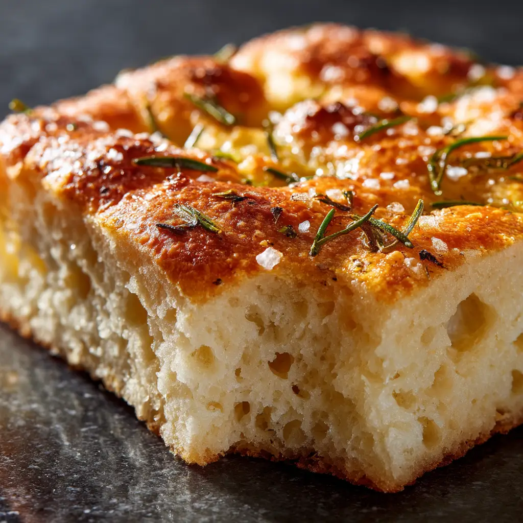 The Ultimate Gluten-Free Focaccia: Incredibly Airy, Fluffy, and Easy 2 An extreme close-up shot of a slice of gluten-free focaccia, showcasing its light, airy interior crumb with large bubbles and a golden crust. (gluten-free focaccia)