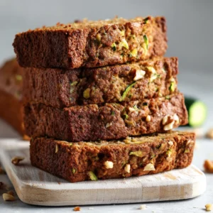 An overhead shot of thick slices of homemade zucchini bread stacked on a light-colored wooden cutting board, showing a rich brown crust and visible flecks of green zucchini. (Zucchini Bread Recipe)