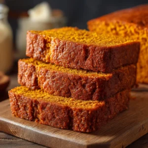 A close-up shot of three thick slices of homemade pumpkin bread stacked on a rustic wood board, showcasing the rich dark orange color and soft crumb. (moist pumpkin bread recipe)