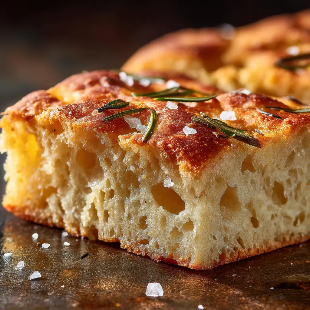 A top-down view of the freshly baked gluten-free focaccia in a pan, glistening with olive oil and generously topped with fresh rosemary and flaky sea salt.