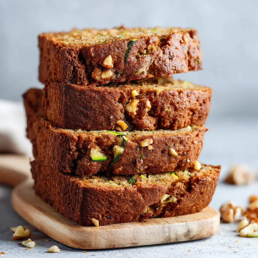 A close-up of a slice of moist zucchini bread, detailing the fluffy and moist texture with chopped nuts visible within the crumb.