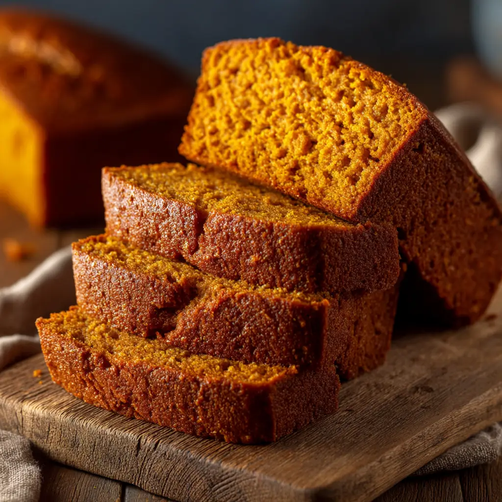 A detailed close-up showing the visible soft crumb texture of three slices of moist pumpkin bread.