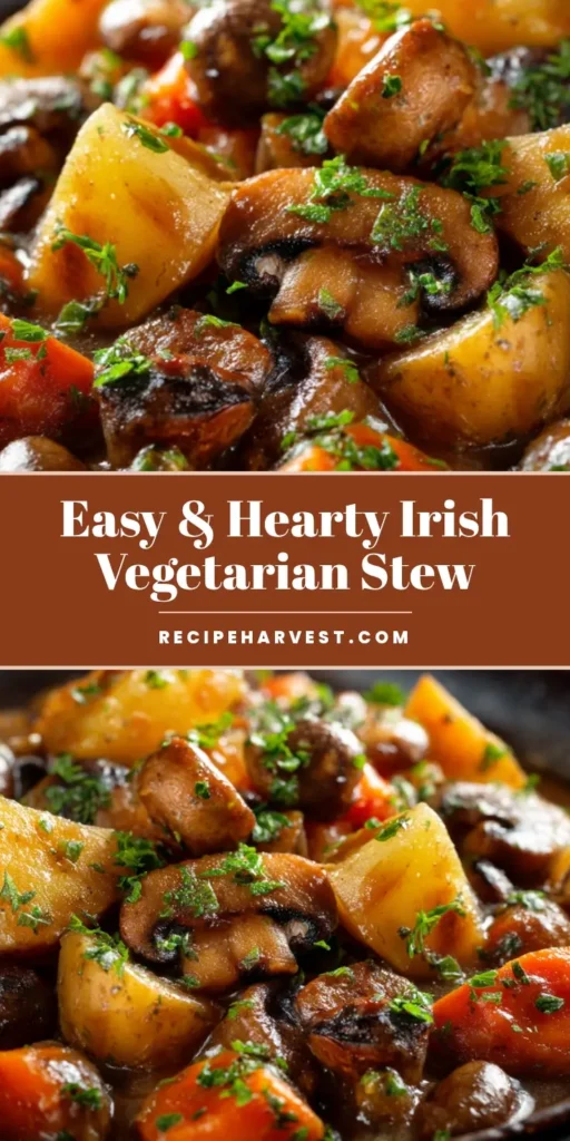 Hearty Authentic Irish Vegetarian Stew with Savory Brown Gravy 3 Close-up of a hearty Irish vegetarian stew in a rustic dark ceramic bowl, featuring tender potatoes, vibrant carrots, sauteed mushrooms, and a thick brown gravy, garnished with parsley.