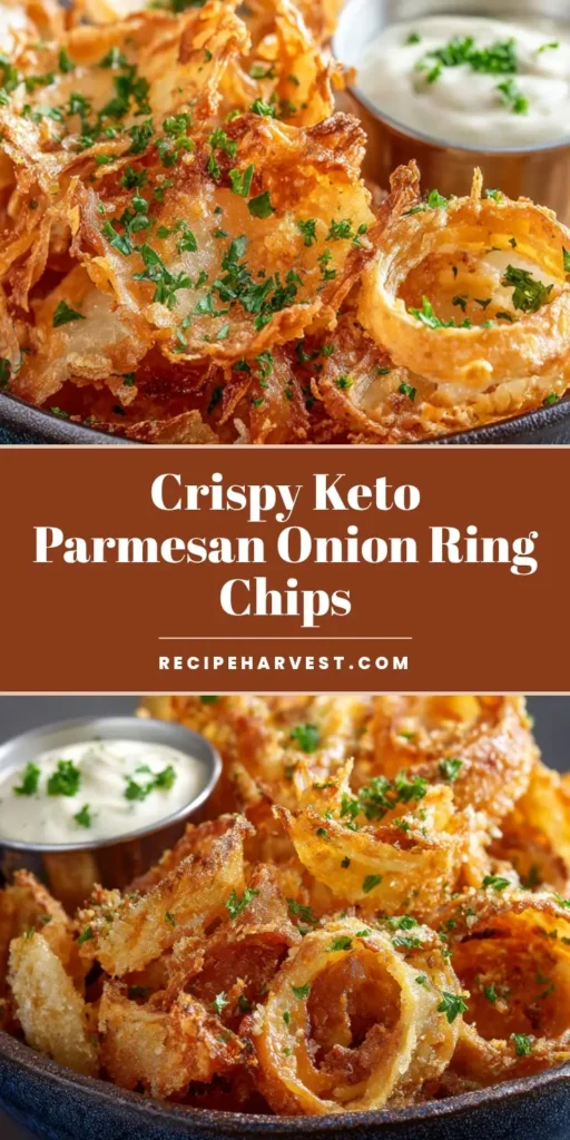 A high-angle shot of Crispy Parmesan Onion Ring Chips piled high in a rustic dark blue ceramic bowl, with a small ramekin of white dipping sauce nestled inside. The dish is garnished with fresh parsley.