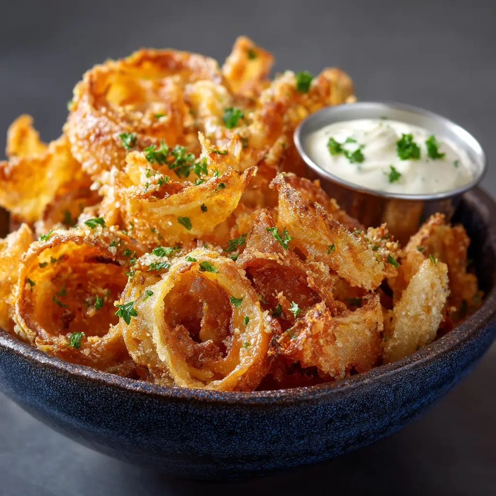 A close-up view of golden brown Crispy Parmesan Onion Ring Chips in a dark blue bowl. The sharp focus highlights the delicious, crunchy texture of the parmesan and panko coating.