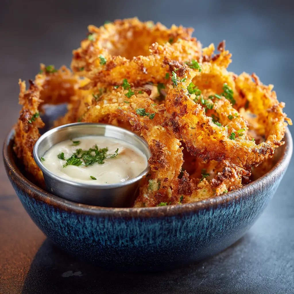 A serving of Crispy Parmesan Onion Ring Chips presented in a rustic style. The bright, clean lighting emphasizes the crispy texture and fresh parsley garnish.