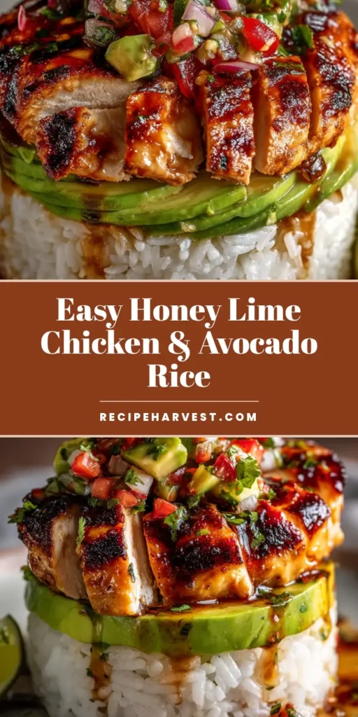 A visually stunning honey lime chicken and avocado rice stack served on a rustic gray plate. The chicken has a glossy glaze and perfect grill marks. (Honey Lime Chicken)