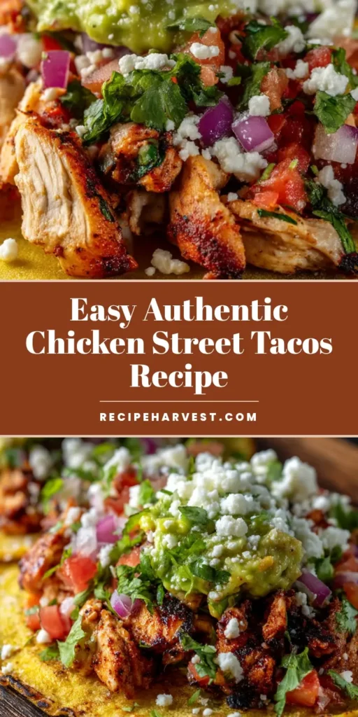 The Ultimate Chicken Street Tacos Recipe for Authentic Flavor 4 A sharable pin image showing three authentic chicken street tacos on a dark wooden board, ready to be eaten. (Chicken Street Tacos Recipe)