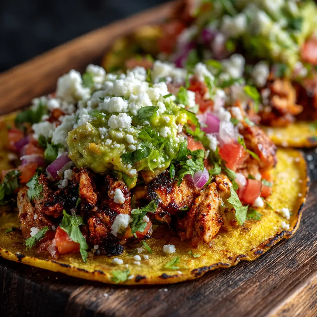 The Ultimate Chicken Street Tacos Recipe for Authentic Flavor 1 A detailed photograph of a chicken street taco on a rustic board, showing the texture of the crumbled cotija cheese and chopped cilantro.