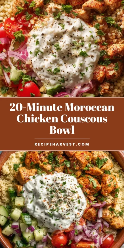 A vibrant, top-down macro shot of a Moroccan Chicken Couscous Bowl in a rustic terracotta bowl. The bowl features fluffy pearl couscous, paprika-spiced chicken, fresh cucumber-tomato salad, and a dollop of yogurt sauce.