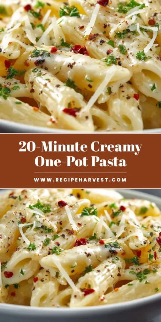 A stunning overhead shot of One Pot Creamy Garlic Pasta in a skillet, garnished with fresh parsley and parmesan. The perfect easy weeknight dinner recipe.