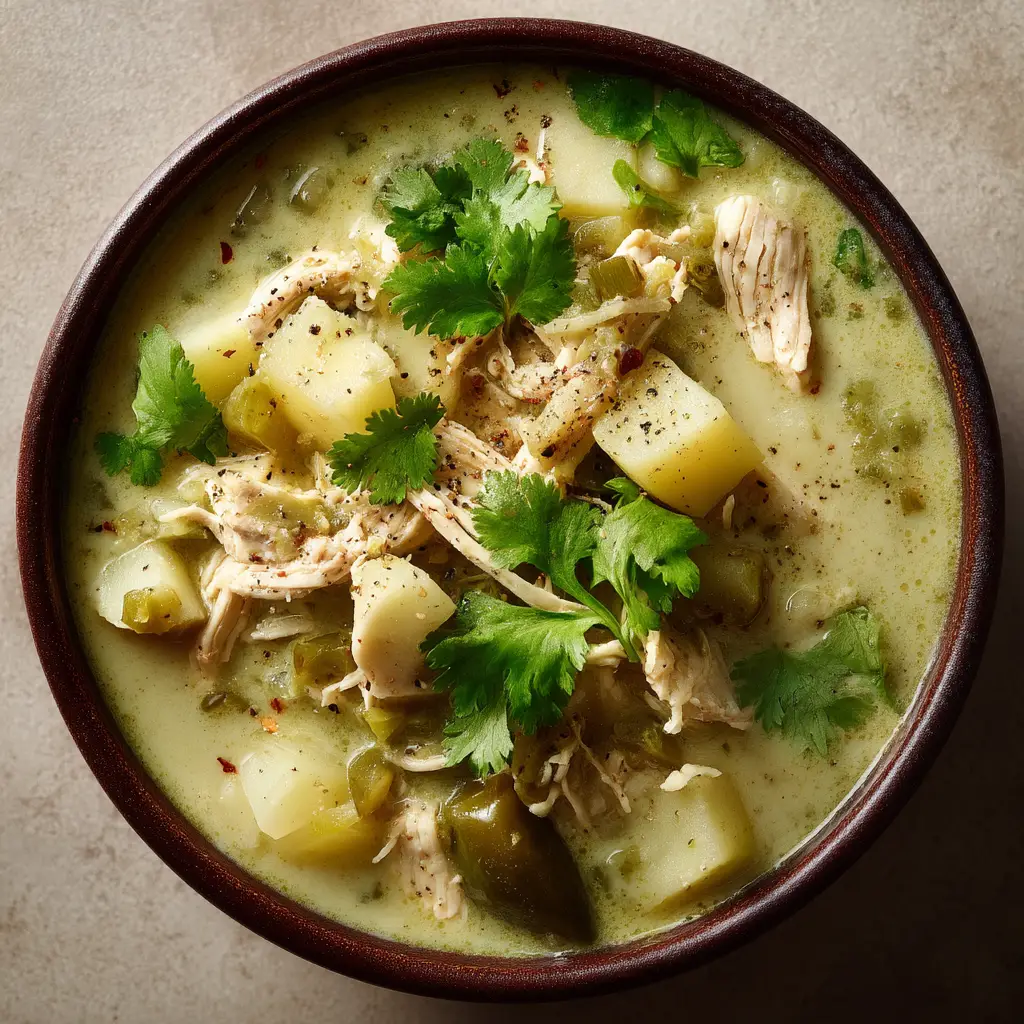 A detailed shot of the roasted poblano soup, showing the velvety texture and fresh toppings of corn and crumbled cheese.