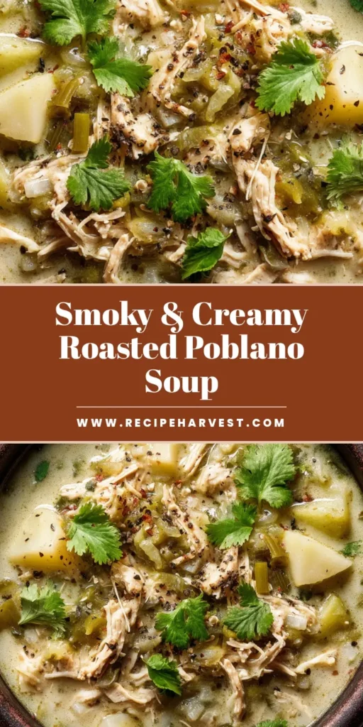 A vibrant bowl of creamy roasted poblano soup, garnished with fresh cilantro, corn, and cotija cheese, ready to be shared on Pinterest.