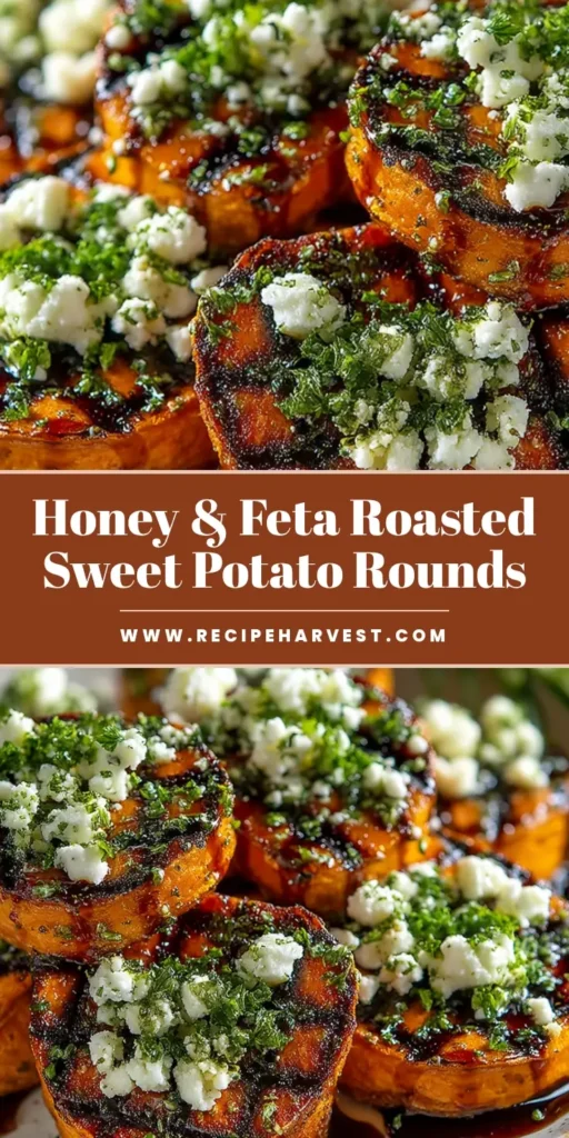 A shareable pin image showing perfectly crispy Roasted Sweet Potato Rounds on a baking sheet with text overlay for a recipe pin.