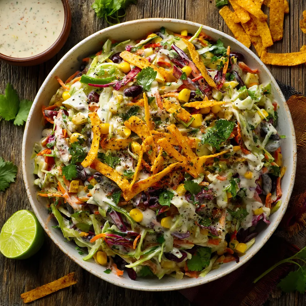 A close-up side view of the Southwestern slaw, showing the texture of the crunchy cabbage, corn, and beans tossed in the tangy dressing.
