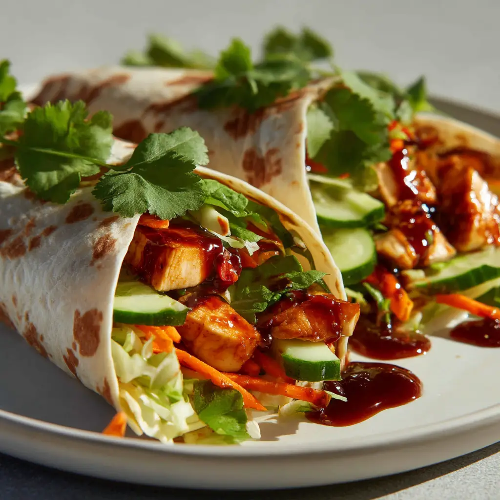 An overhead shot of the ingredients for the sweet chili chicken wraps, including chopped chicken, lettuce, carrots, and tortillas, arranged neatly.