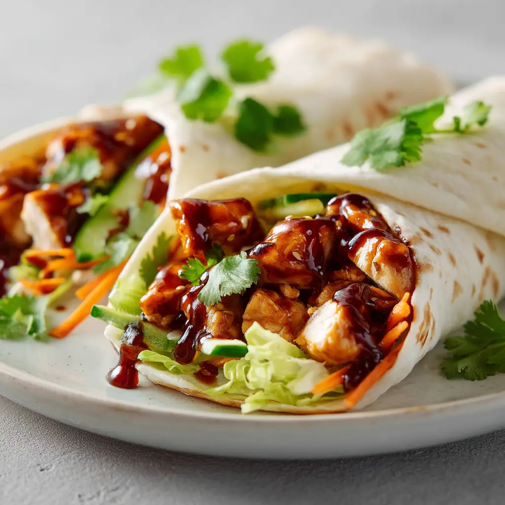 A vibrant, close-up view of two Sweet Chili Chicken Wraps, perfectly assembled with crispy chicken and fresh vegetables on a clean, bright background.
