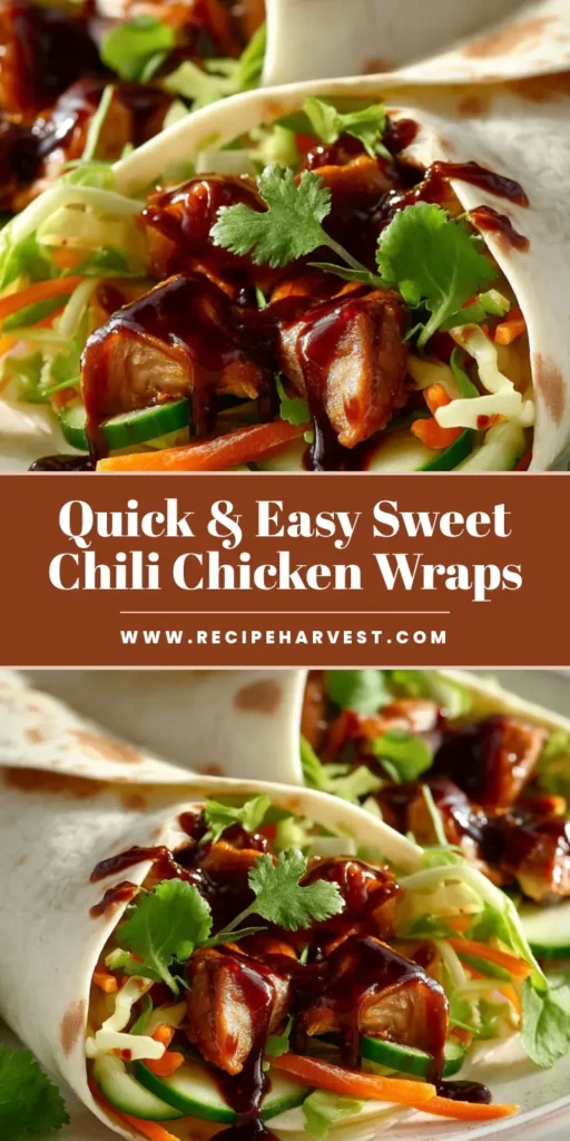 A close-up shot of two Sweet Chili Chicken Wraps sliced in half, revealing crispy chicken, lettuce, and carrots inside. Perfect for a quick and easy lunch or dinner.